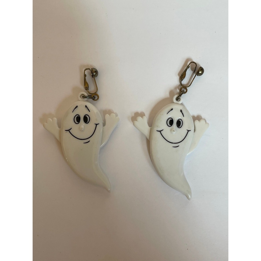 Vintage 80s Fun World Halloween Ghost Clip On Earrings. Hands Move!